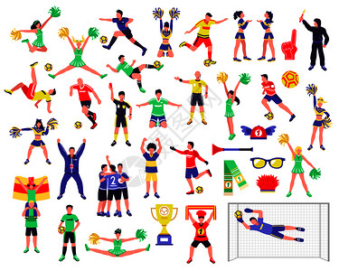 足球运动员啦啦队长球迷人类人物与最喜欢的球队矢量插图的Merch标记足球迷角色插画