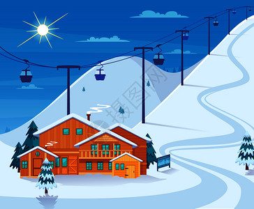 阿尔卑斯山滑雪冬季滑雪胜地与雪酒店滑雪电梯平矢量插图冬季滑雪胜地插图插画