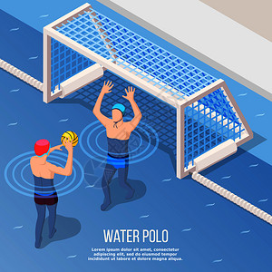 水球等距背景与运动员投掷球门游泳池矢量插图水球等距背景图片