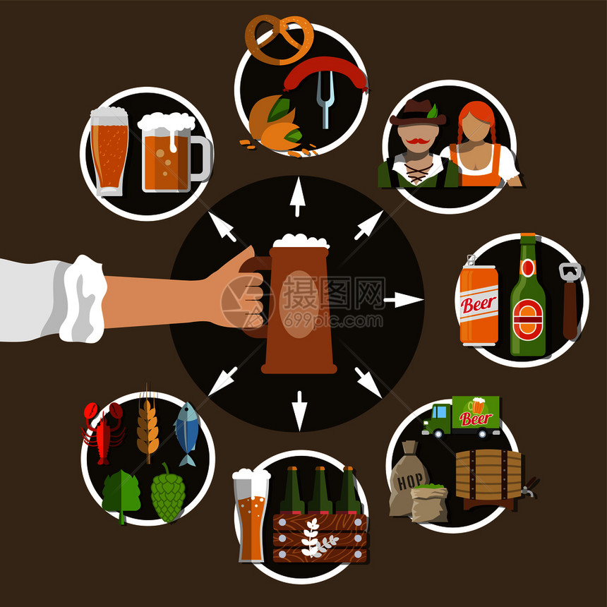 平啤酒生产小吃人们穿着啤酒节服装图标矢量插图啤酒平图标图片