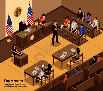 司法等距矢量插图与陪审被告倡导办事员观众人物法庭内部法庭等距插图背景图片