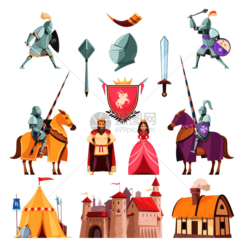 中世纪皇家纹章漫画图标城堡骑手装甲锦标赛国王骑士公主孤立矢量插图中世纪皇家纹章漫画集图片