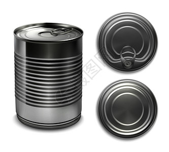 三维金属包装可以模拟三个视图保存锡罐与阴影矢量插图现实的保存罐收集插画