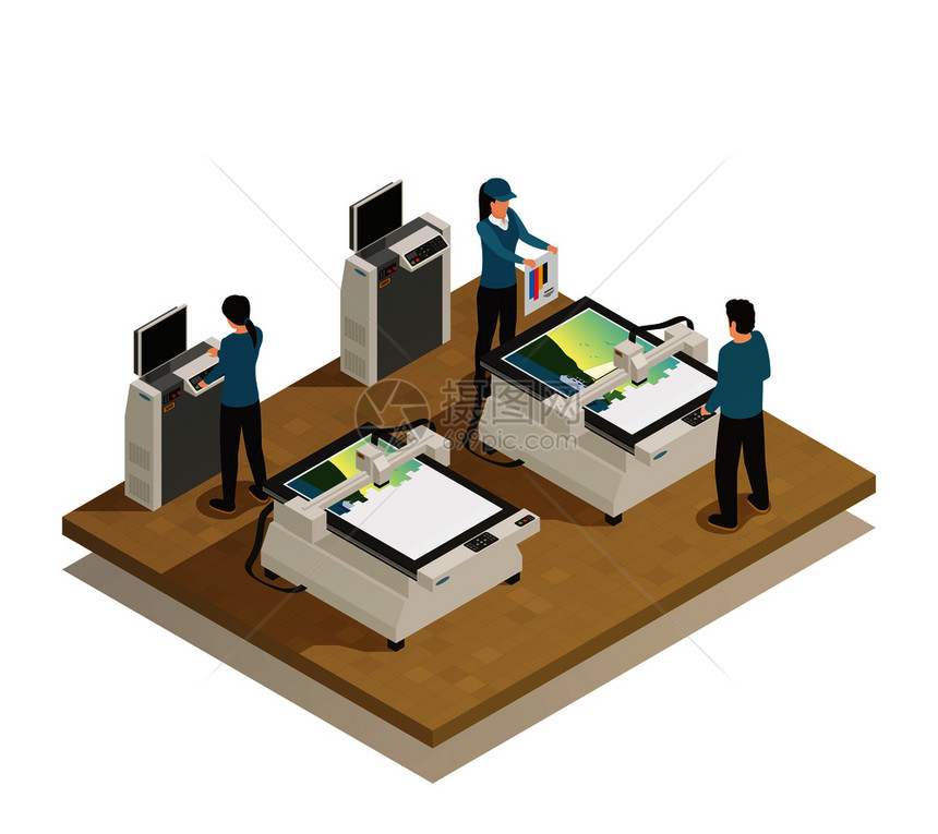 计算机化的大格式数字印刷机设备操作人员现代印刷厂设施等距成矢量插图印刷厂生产等距成图片