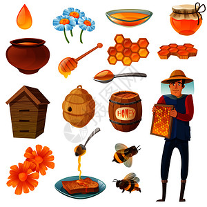蜂蜜各种容器卡通集,包括养蜂人与蜂窝,蜜蜂,蜂箱,液滴,花卉分离矢量插图蜂蜜卡通套装背景图片