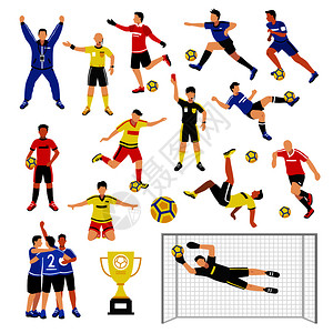 足球运动员套无名人物队友裁判比赛奖杯矢量插图足球队队员集合图片