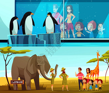 2个大象素材动物园动物2横幅卡通横幅与大象长颈鹿狩猎环境企鹅矢量插图动物园动物2个卡通横幅插画