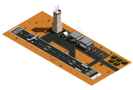 轰炸机事空基地队设施与机库直升机车辆着陆飞机等距成矢量图事空基地等距成插画