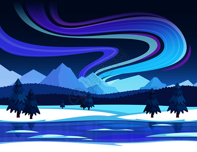 冬季北极光成与雪景观天空平矢量插图北极光插图背景图片