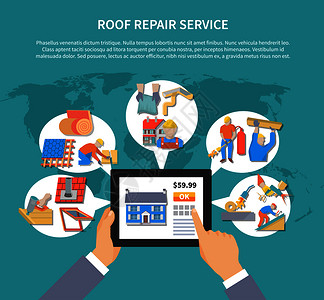罗弗彩色传单与屋顶维修服务描述位置的文本矢量插图罗弗彩色传单图片