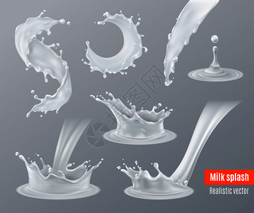真实的牛奶飞溅的各种形状与滴隔离灰色背景矢量插图逼真的牛奶飞溅图片
