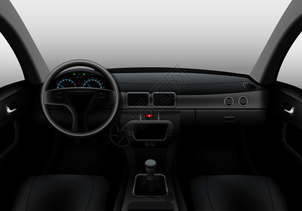  汽车仪表板真实的汽车黑暗内部与仪表板挡风璃方向盘矢量插图汽车内部黑暗插画