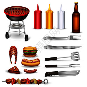 烧烤装饰图标烤肉厨房用具番茄酱收集啤酒瓶隔离矢量插图烧烤装饰图标图片