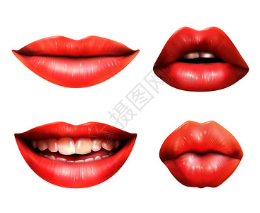 可动素材制作嘴身体语言图标与红色嘴唇,翻来咕噜微笑的现实矢量插图嘴唇阅读4个真实的图像集插画
