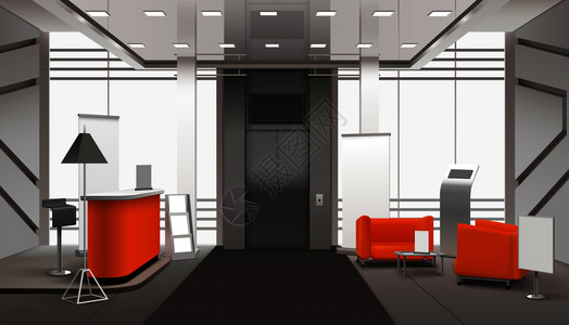 建筑大堂写实大堂内部橙色灰色与接待处,等候区附近的电梯,横幅矢量插图现实的大厅内部插画