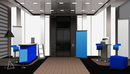 建筑大堂写实大堂内部,电梯区,灰色与蓝色元素,包括接待处,扶手椅矢量插图现实大堂内部蓝色元素插画