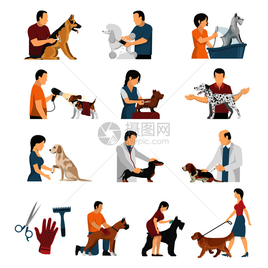 美容服务兽医狗集平图像成的人类人物与宠物矢量插图兽医犬服务套装图片