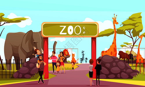活动入口动物园入口大门卡通海报与大象长颈鹿,狮子,野生动物游客领土矢量插图动物园入口大门卡通插图插画