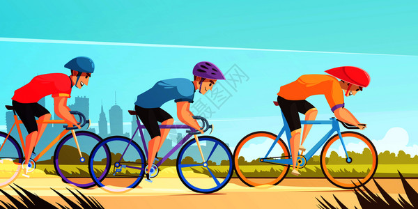 自行车冲刺乡村道路自行车比赛卡通海报与三名骑手制服球衣头盔矢量插图循环竞技赛车卡通插图插画