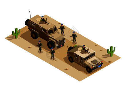 陆机械化步兵沙漠作战制服与装甲车等距成矢量插图用车辆等距成背景图片