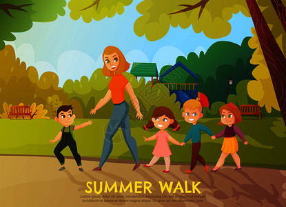 幼儿园夏季步行与儿童成人公园平矢量插图幼儿园夏季散步插图图片
