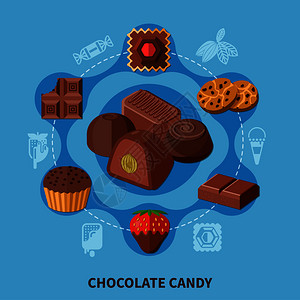 普拉塔普平圆形构图与巧克力棒,各种形状的糖果,饼干蓝色背景矢量插图巧克力糖果平构图插画