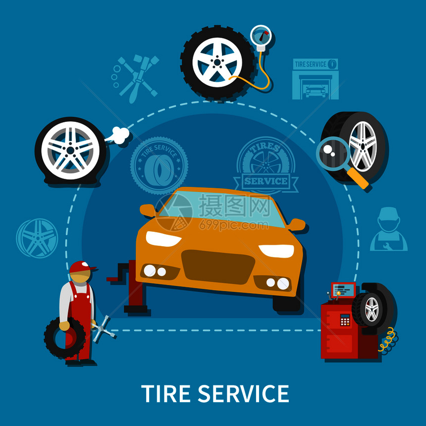 轮胎服务与机械修理车明亮的蓝色背景平矢量插图轮胎服务理念图片