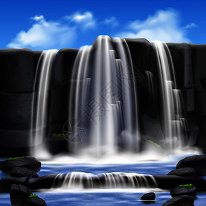 瀑布岩石风景的现实背景与美丽的自然矢量插图瀑布岩石背景图片