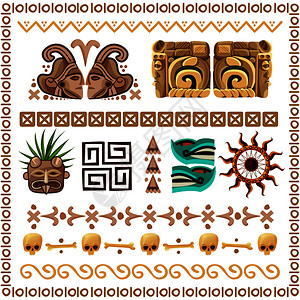 彩色卡通集装饰图案装饰元素古代玛雅文化矢量插图玛雅装饰品图案卡通集图片