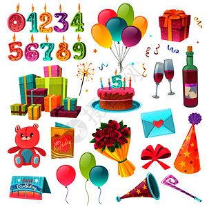 庆祝生日卡通集与花,气球,派,帽子,贺卡,蜡烛号码,矢量插图庆祝生日卡通集图片