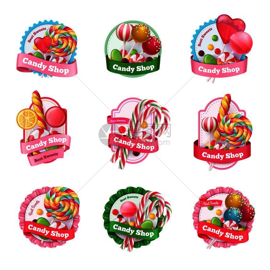 糖果店套标志与五颜六色的水果棒棒糖各种形状,螺旋糖果孤立矢量插图糖果店章套装图片