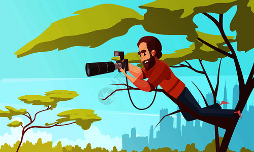 男摄影师的构图与城市风景男角色坐棵望远镜镜头照片相机矢量插图帕帕佐工作作文插画