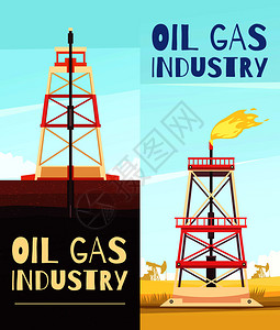 两个垂直采油横幅,以查看油井井架可编辑的文本矢量插图炼油风险横幅图片