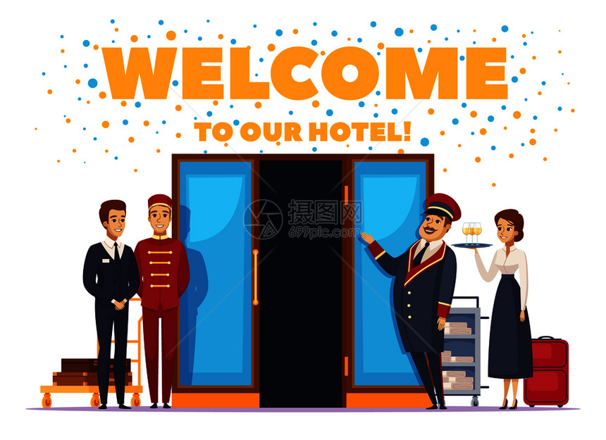 欢迎来酒店卡通海报与好客的酒店工作人员附近的开门矢量插图欢迎来酒店卡通海报图片