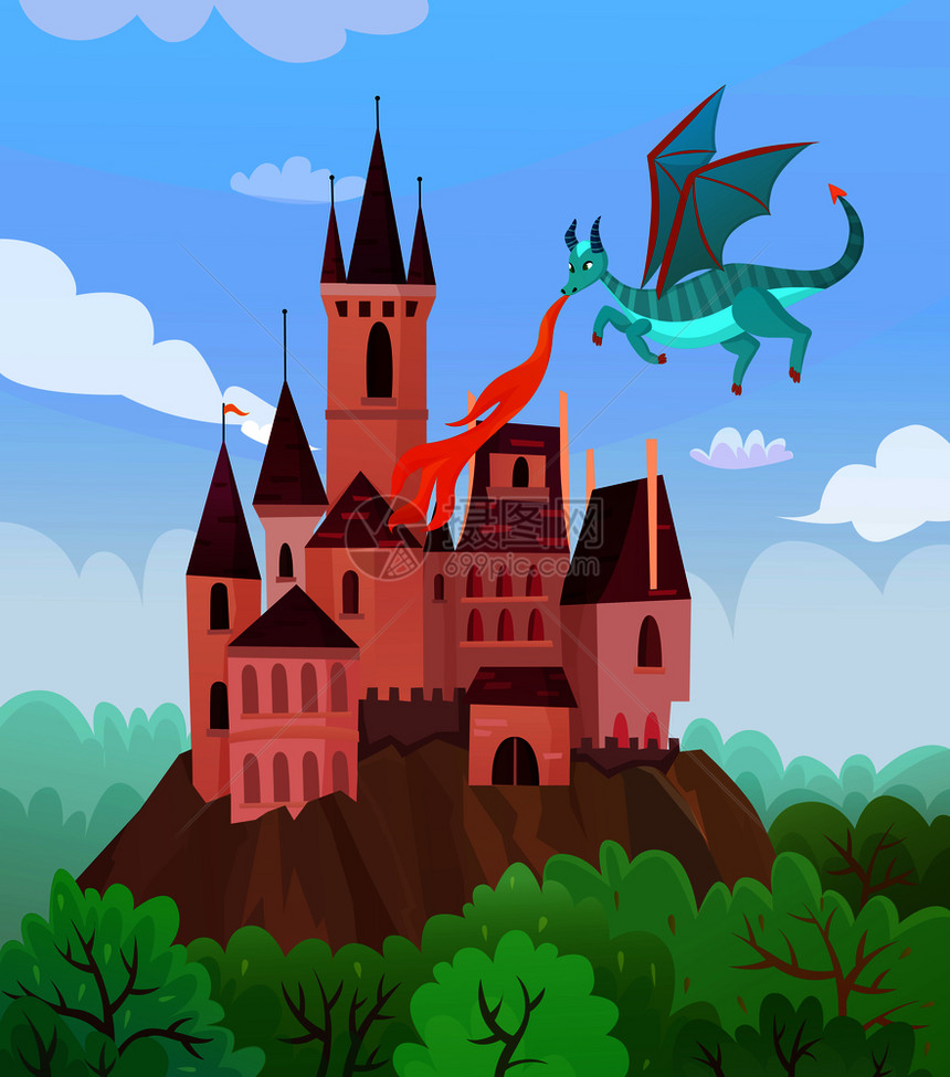 仙女龙的构图与平卡通风格的图像飞行喷火龙城堡景观矢量插图飞龙城堡成