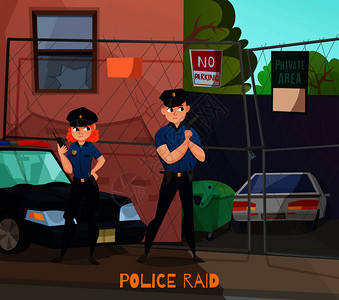 职业构成的卡通城市风景两个人类人物的警务人员统矢量插图突袭卡通构图插画