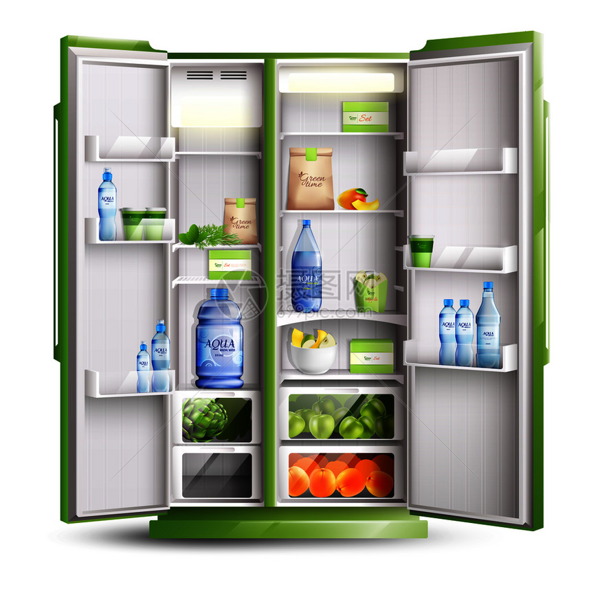 冰箱现实的孤立物体与打开的绿色门产品货架上矢量插图冰箱的现实象图片