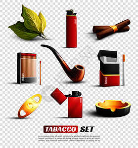 套烟草产品配件,包括雪茄,香烟,打火机,烟灰缸隔离透明背景矢量插图烟草产品透明背景集图片