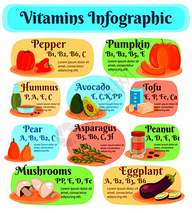鹰嘴豆泥豆腐蔬菜水果蘑菇坚果平矢量图中含维生素的素食信息图素食信息图中的维生素背景图片