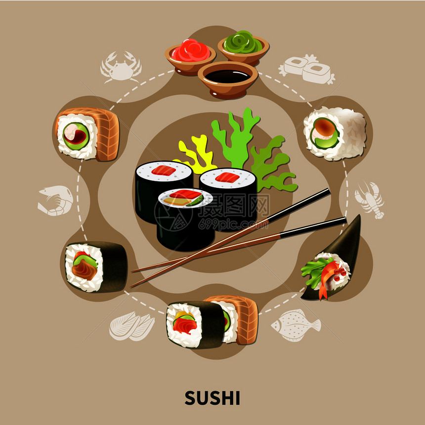 平寿司构图与同类型的寿司卷排列个圆圈矢量插图平寿司构图图片