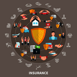 商业健康旅行财产交通保险,灰色棕色背景矢量插图上的圆形构图保险轮成图片