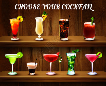 各种颜色的鸡尾酒饮料的真实成分与两个架子各种同形状颜色的鸡尾酒杯矢量插图鸡尾酒饮料选择成分插画