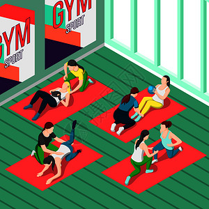 健身等距背景与人训练健身房与个人体育指导员矢量插图健身教练等距背景图片