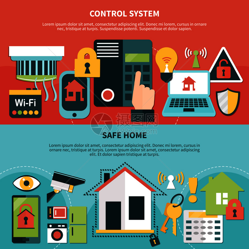 水平横幅与安全控制系统安全家园的红色蓝色背景隔离矢量插图控制系统安全家居横幅图片