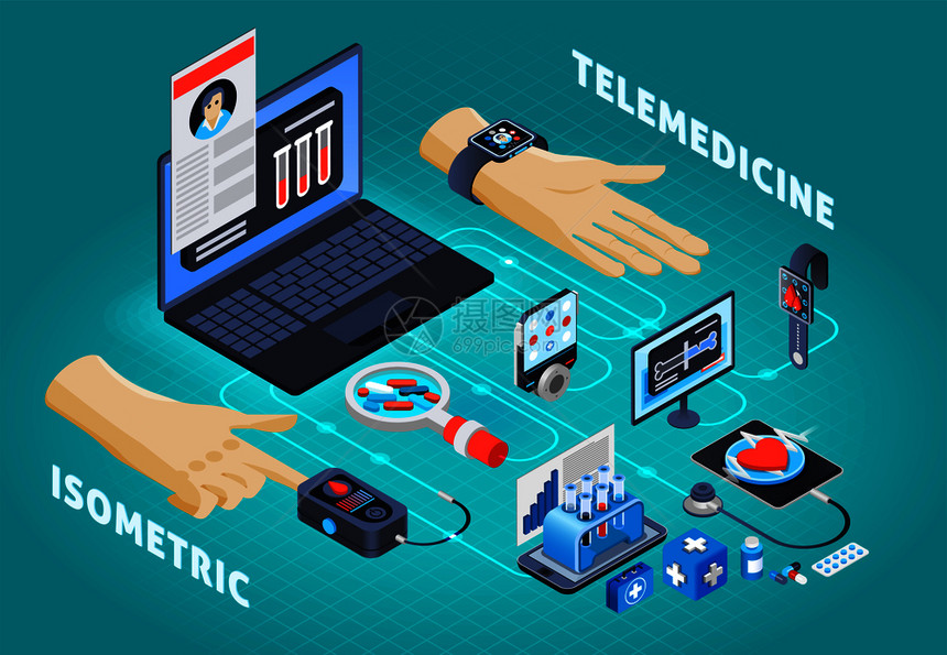 数字健康行业提供等距合成海报与远程医疗心率血压控制测试矢量插图数字健康远程医疗等距成图片