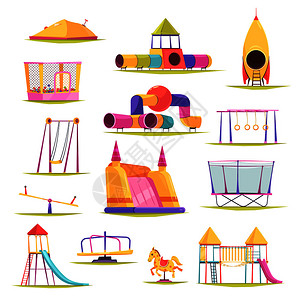 儿童游乐场与彩色滑倾摆集各种结构矢量插图的孤立图像儿童游乐场元素图片