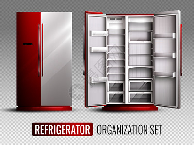 冰箱的红色白色与打开空冰箱透明的背景现实矢量插图透明背景下的冰箱图片
