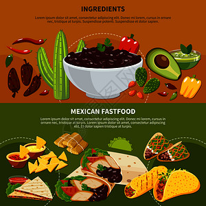 水平横幅与墨西哥菜肴配料快餐兵马俑绿色背景矢量插图配料墨西哥快餐横幅图片