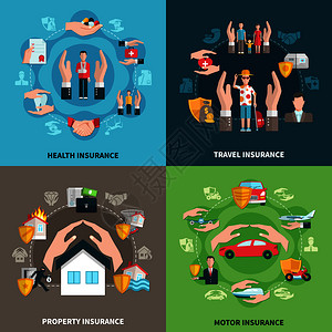 与健康,财产,旅行交通保险隔离彩色背景矢量插图保险理念图片