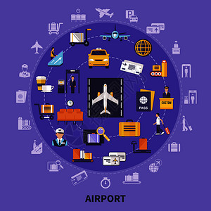 彩色平与各种机场图标,飞机,候机室,乘务员,跑道,乘客,自定义控制矢量插图机场平图片